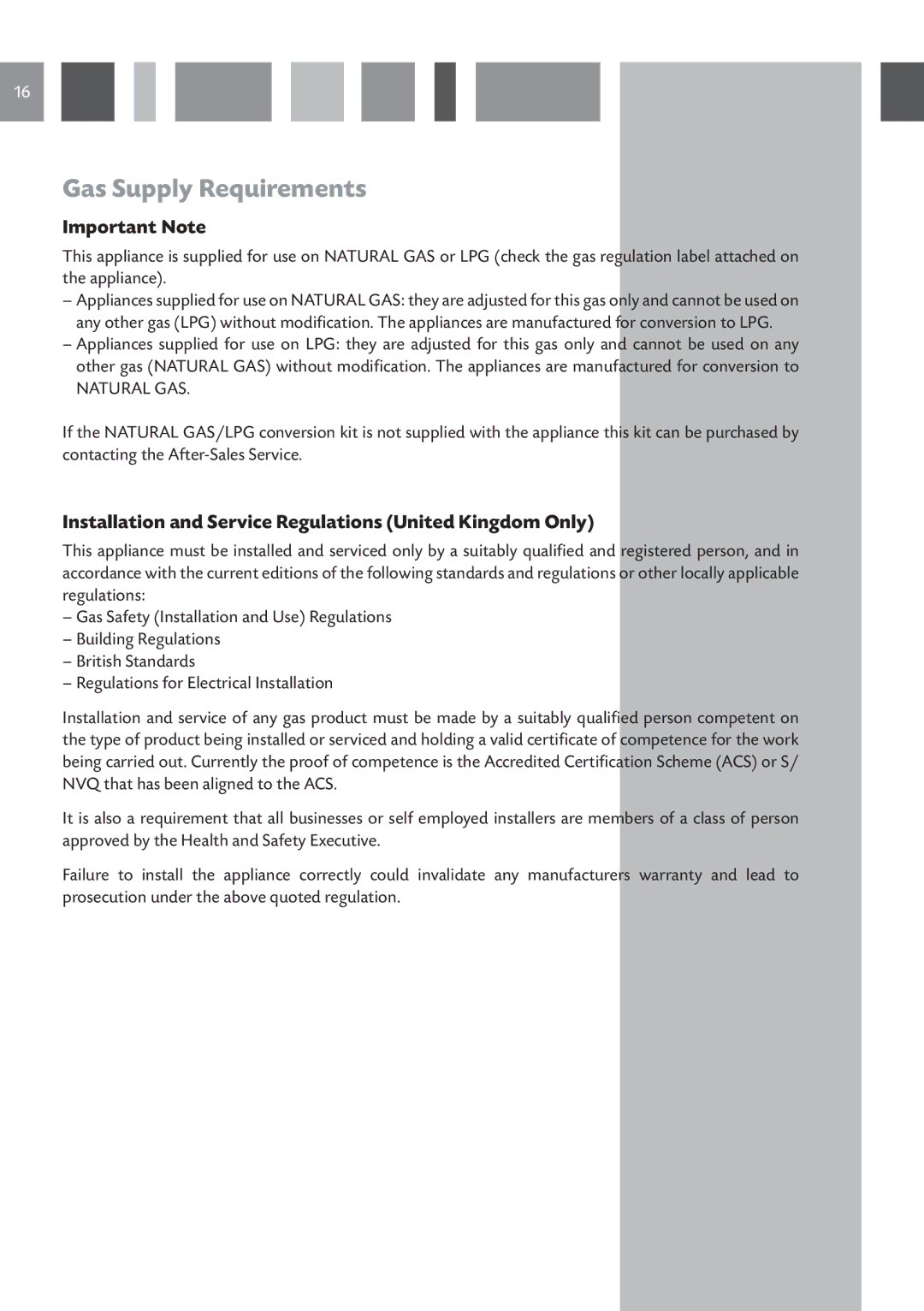 CDA HCG 731, HCG 741 Gas Supply Requirements, Important Note, Installation and Service Regulations United Kingdom Only 